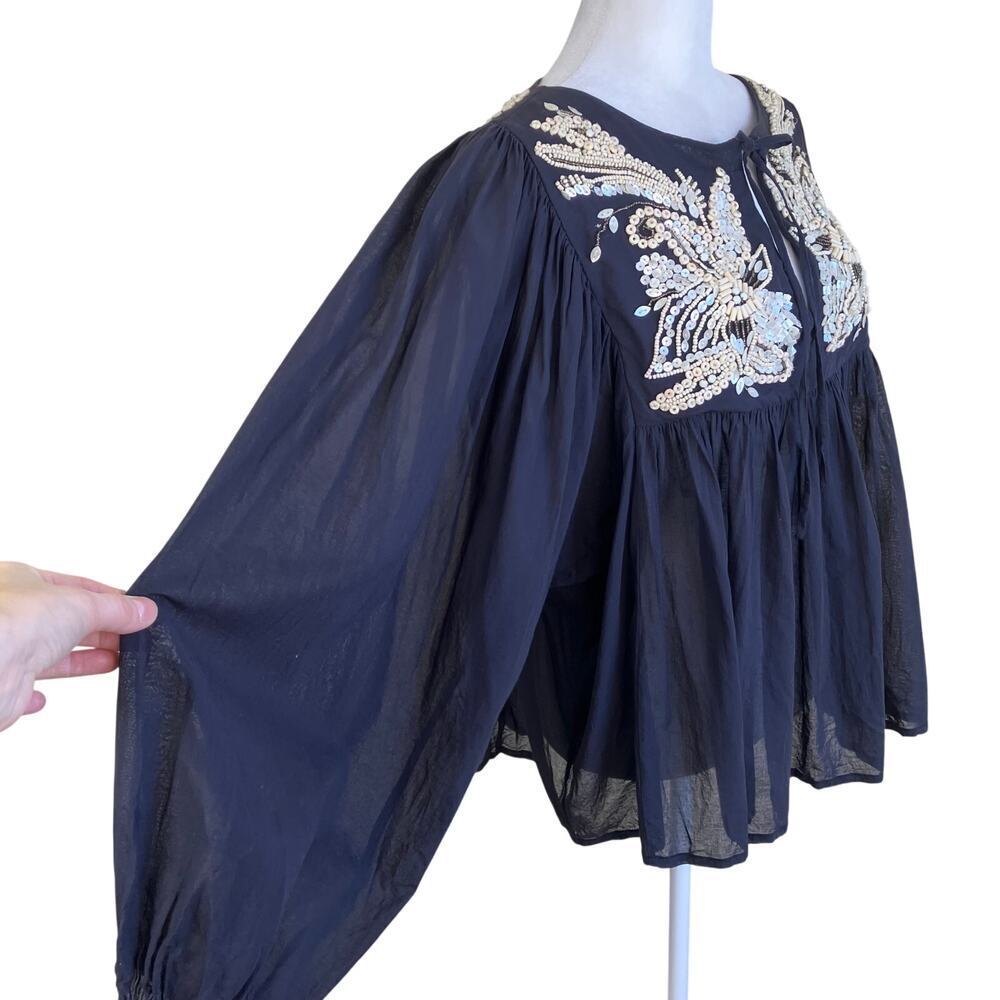All Saints Sz 8 Dana Top Boho Beaded Peasanst Blouse Tie Neck Black Cream Cotton - Picture 7 of 16